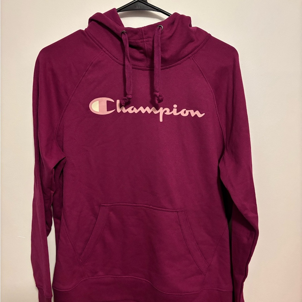 Champion Maroon Hoodie with Pink Logo